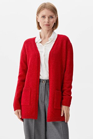 V Yaka Cepli Kadın Triko Ceket - Kırmızı