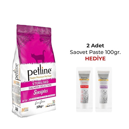 Petline Sensiplus Somonlu Düşük Tahıllı Kısırlaştırılmış Kedi Maması 10kg + 2 Adet Saovet Pasta 100 gr. Hediye