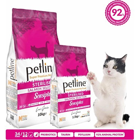 Petline Sensiplus Somonlu Düşük Tahıllı Kısırlaştırılmış Kedi Maması 10kg + 2 Adet Saovet Pasta 100 gr. Hediye