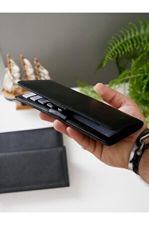 Telefon Bölmeli Unisex Deri Portföy Kartlık Uzun Cüzdan Siyah