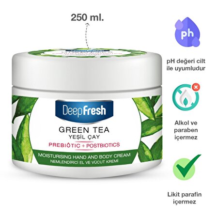 Deep Fresh Nemlendirici E Vitaminli ve Parabensiz Tüm Cilt Tipleri için Yeşil Çay Kokulu Vücut Kremi 250 ml 