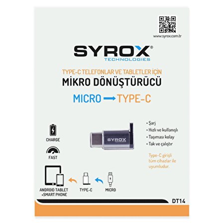 Syrox Type-C Micro USB Dönüştürücü DT14 Gümüş