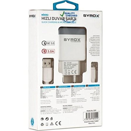 Syrox Micro USB Hızlı Şarj Aleti Beyaz