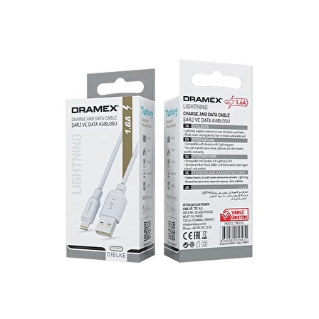 Dramex D16LKE 1.6A Lightning Şarj ve Data Kablosu