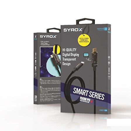 Syrox C141TT 100W Digital Göstergeli Şeffaf Başlık Tasarim Hasir Type-C To Type-C Ultra Hızlı Şarj & Data Kablosu