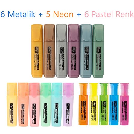 Kraf 6 Metalik + 6 Pastel + 5 Neon Fosforlu Kalem Seti - 17 Renk