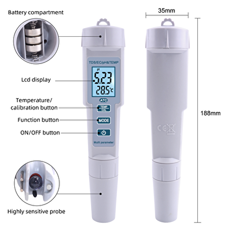 AEK-Tech PH-686 4'ü 1 arada PH Metre TDS EC ve Sıcaklık Ölçer