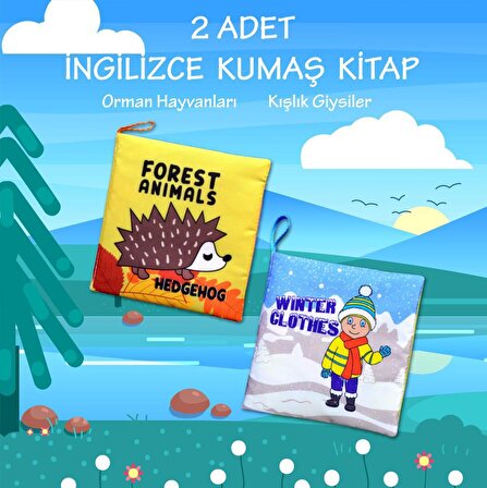 2 Kitap Tox İngilizce Orman Hayvanları ve Kışlık Giysiler Kumaş Sessiz Kitap E127 E124 - Bez Kitap , Eğitici Oyuncak , Yumuşak ve Hışırtılı
