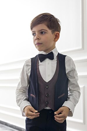 Yelek Ceket Papyon Çocuk Genç Takım Elbise 5'li Mezuniyet Balo Bayramlık Düğün Damatlık 5'li Set NX-5007