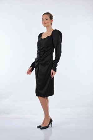 Seçil V Yaka Büzgülü Uzun Kollu Siyah Kadın Elbise 2221001004