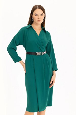 Seçil Kadın Kemerli Kruvaze Yakalı Elbise 2911061 Yeşil