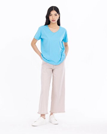 Seçil V Yaka Mavi Kadın T-Shirt 23112001005