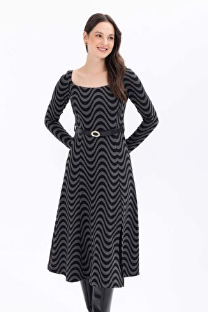 Seçil Kadın Geometrik Desenli Kare Yakalı Örme Kumaş Elbise 1042 Antrasit