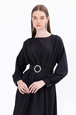 Seçil Kadın Kemeri Taşlı Pileli Midi Boy Elbise 1084 Siyah