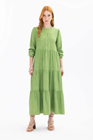 Seçil Kadın Sıfır Yaka Desenli Uzun Kol Elbise 1012 Yeşil