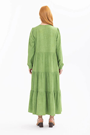 Seçil Kadın Sıfır Yaka Desenli Uzun Kol Elbise 1012 Yeşil