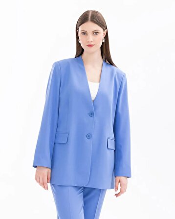 Gala-xi V Yaka Büyük Beden Uzun Kollu Mavi Kadın Blazer Ceket 14242105401002
