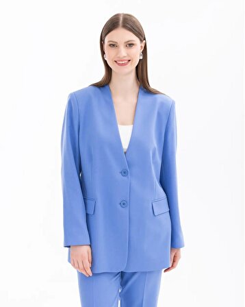 Gala-xi V Yaka Büyük Beden Uzun Kollu Mavi Kadın Blazer Ceket 14242105401002