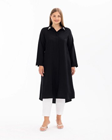 Gala-xi Gömlek Yaka Büyük Beden Yaka Detaylı Uzun Kollu Siyah Kadın Tunik 14242104201024