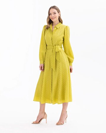 Seçil Gömlek Yaka Bağlama Detaylı Uzun Kollu Yeşil Kadın Elbise 10242104001028