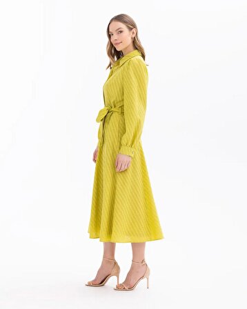 Seçil Gömlek Yaka Bağlama Detaylı Uzun Kollu Yeşil Kadın Elbise 10242104001028