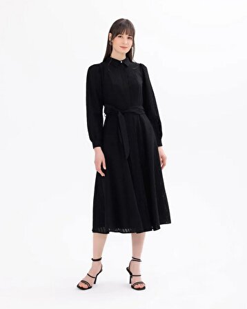 Seçil Gömlek Yaka Bağlama Detaylı Uzun Kollu Siyah Kadın Elbise 10242104001028