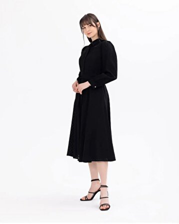 Seçil Gömlek Yaka Bağlama Detaylı Uzun Kollu Siyah Kadın Elbise 10242104001028