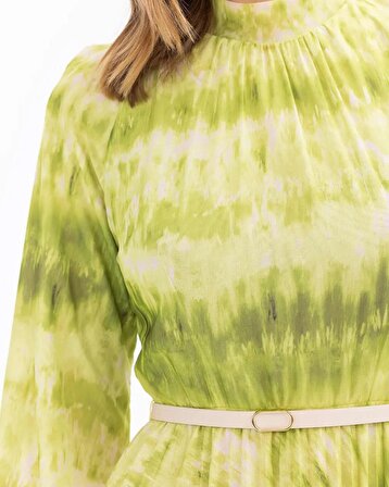 Seçil Dik Yaka Desenli Uzun Kollu Yeşil Kadın Elbise 10242104001020