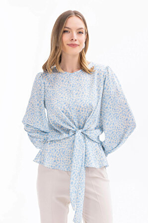 Seçil Kadın Çiçek Desenli Beli Büzgülü Bluz 1010 Mavi