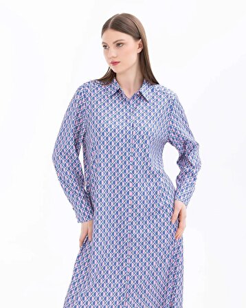Gala-xi Gömlek Yaka Büyük Beden Geometrik Desen Uzun Kollu Mavi Kadın Tunik 14242104201023
