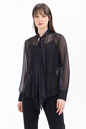 Seçil Kadın Fular Yakalı Desenli Şifon Bluz 1007 Siyah