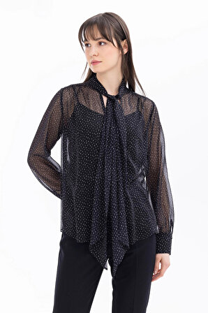 Seçil Kadın Fular Yakalı Desenli Şifon Bluz 1007 Siyah
