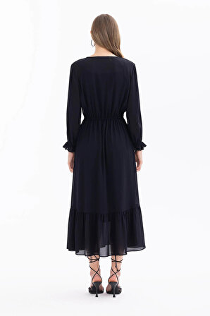 Seçil Kadın V Yaka Beli Büzgülü Elbise 1011 Siyah
