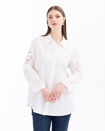 Gala-xi Gömlek Yaka Büyük Beden Kol Detaylı Uzun Kollu Beyaz Kadın Gömlek 14242102201019