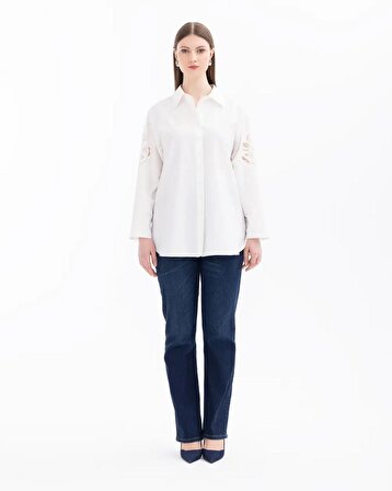 Gala-xi Gömlek Yaka Büyük Beden Kol Detaylı Uzun Kollu Beyaz Kadın Gömlek 14242102201019