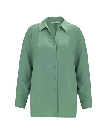 Gala-xi Gömlek Yaka Büyük Beden Uzun Kollu Yeşil Kadın Gömlek 10002411514004