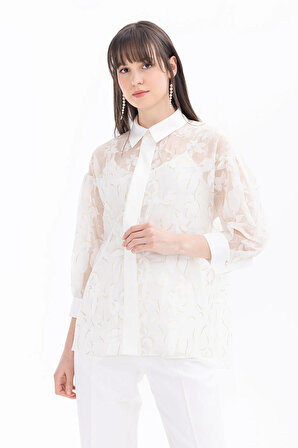 Seçil Kadın Çiçek Desenli Truvakar Kol Gömlek 1006 Beyaz