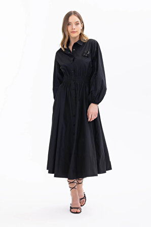 Seçil Kadın Aksesuarlı Beli Lastikli Diz Altı Elbise 1008 Siyah