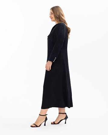 Gala-xi Büyük Beden Yaka Detaylı Uzun Kollu Siyah Kadın Elbise 10002411314007