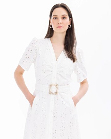 Seçil V Yaka Dante Kısa Kollu Beyaz Kadın Elbise 10002411310004