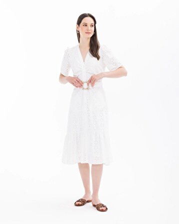 Seçil V Yaka Dante Kısa Kollu Beyaz Kadın Elbise 10002411310004
