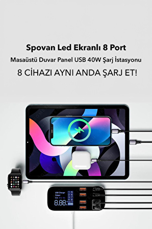 Spovan Impro Led Ekranlı 8 Port USB Type C Apple Samsung Uyumlu Şarj İstasyonu Cihazı