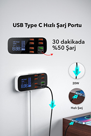 Spovan Impro Led Ekranlı 8 Port USB Type C Apple Samsung Uyumlu Şarj İstasyonu Cihazı