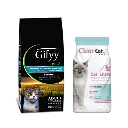 Gifyy Plus Kuzu ve Somonlu Yetişkin Kedi Maması 15 Kg + Clear pudralı Kedi Kumu İnce  10kg x 2 Adet