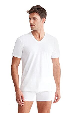 Kom Emilio V Yaka Modal Erkek Beyaz Tshirt 