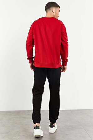 Kırmızı - Siyah Casual O Yaka Lastik Paça Erkek Oversize Eşofman Takımı - 85120 | XL