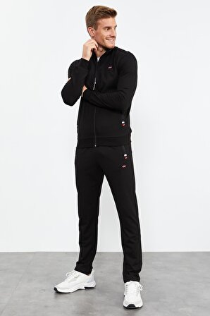 Siyah Dik Yaka Fermuarlı Rahat Form Klasik Paça Erkek Eşofman Takımı - 85072 | S