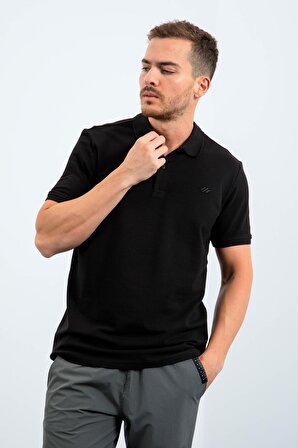 Siyah Basic Logolu Standart Kalıp Triko Polo Yaka Erkek T-Shirt - 87748 | L