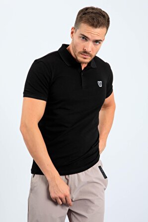 Siyah Basic Göğüs Logolu Standart Kalıp Triko Polo Yaka Erkek T-Shirt - 87768 | XXL