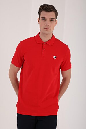 Kırmızı Basic Göğüs Logolu Standart Kalıp Triko Polo Yaka Erkek T-Shirt - 87768 | L
